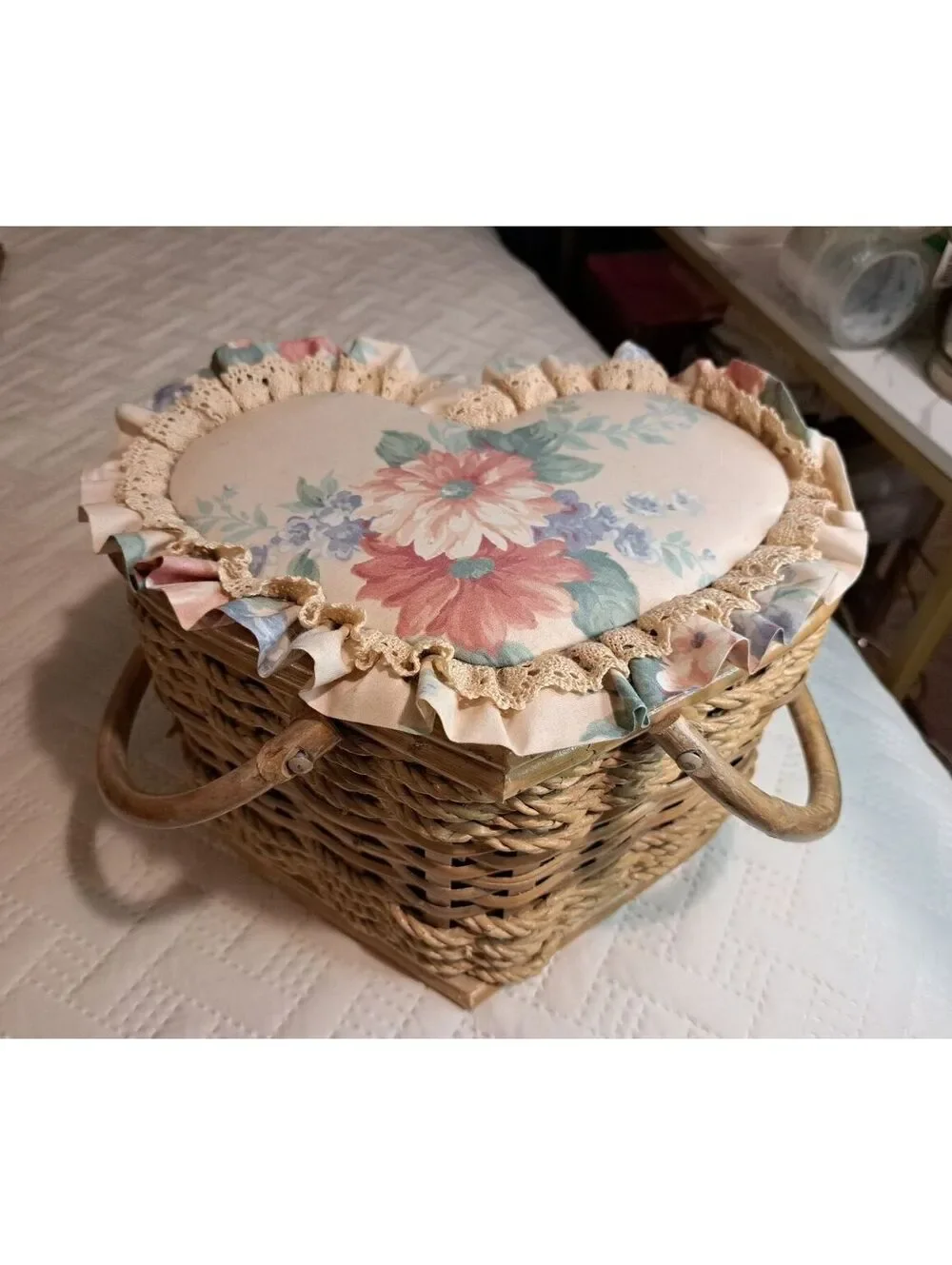 Vintage Heart-Shaped Wicker Storage Basket w Padded Floral Fabric & Lace Top